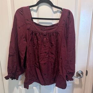Lauren Conrad Women's Burgundy Blouse with Embroidered Details size L